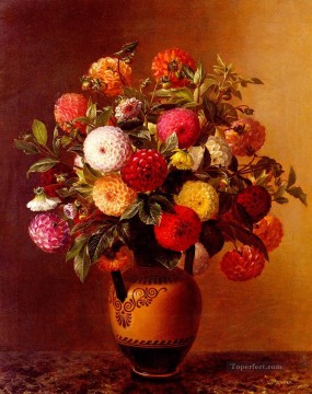 クラシックフラワー Painting - 花瓶に入ったダリアの静物画 ヨハン・ラウレンツ・ジェンセンの花